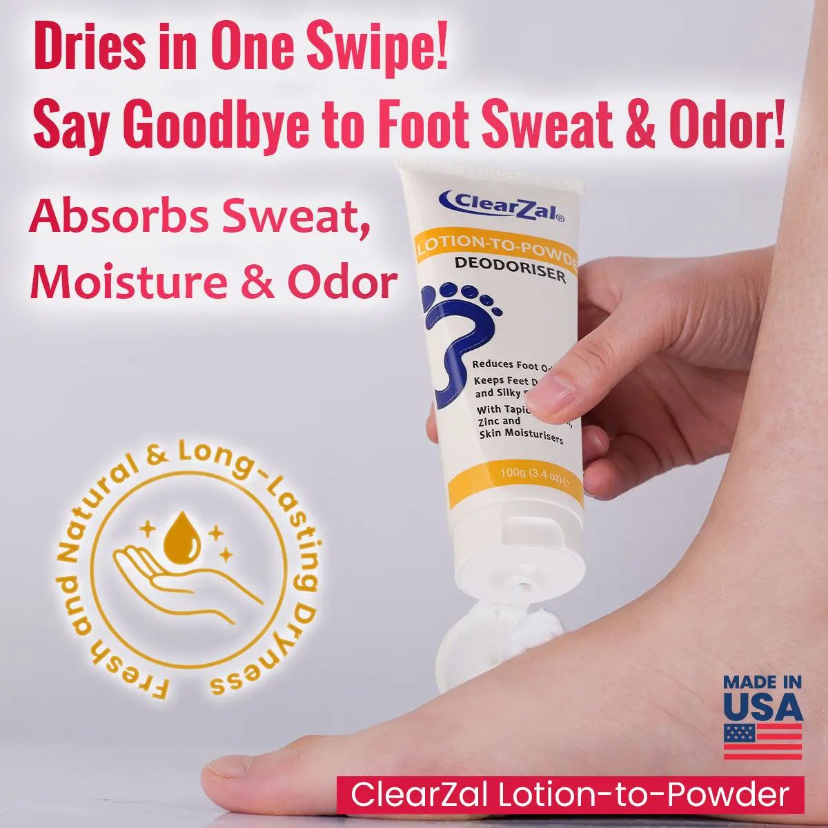 ClearZal Lotion-To-Powder Deodoriser , hyperhidrosis recommended solution to stop sweaty, smelly feet, Helps prevent blisters, Great for hyperhidrosis 3.4oz