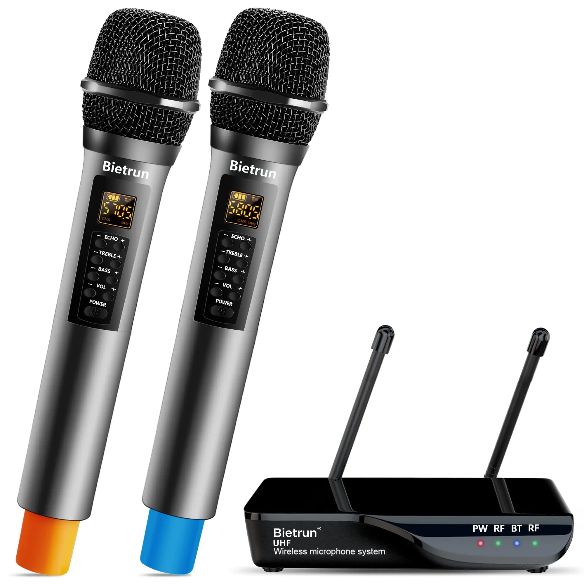Bietrun Wireless Microphone with Echo, Treble, Bass & Bluetooth, 160 FT Range, UHF Portable Dual Handheld Karaoke Dynamic Microphone System, for Karaoke Machine, Party Singing, Wedding, Amp, PA System Audio Plug