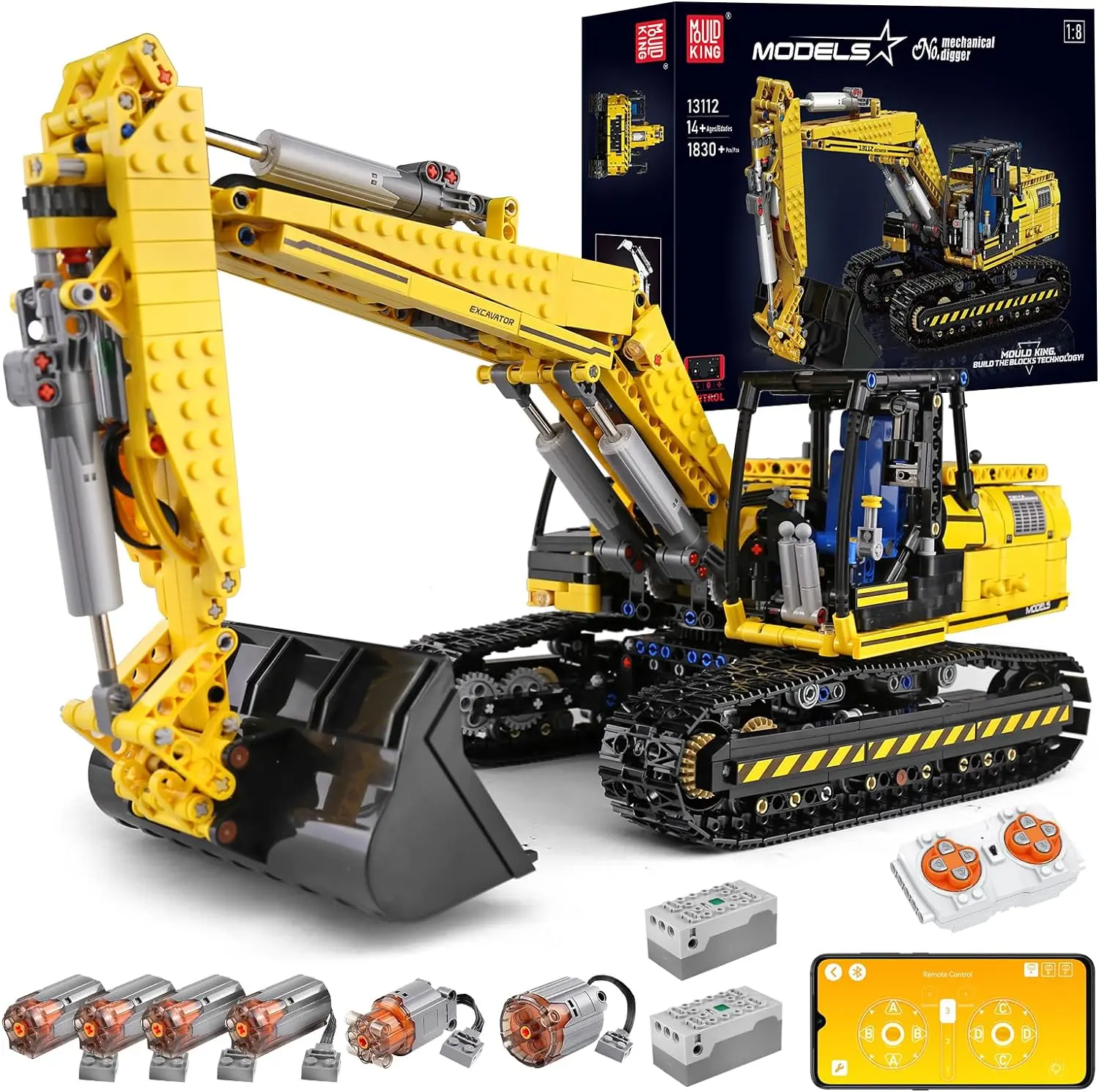 Mould King 13112 Remote Control Excavator Building Kit - 1830 Pieces, 1:20 Scale, App-Enabled, Rechargeable Construction Toy, STEM Learning Toy for Creative Minds