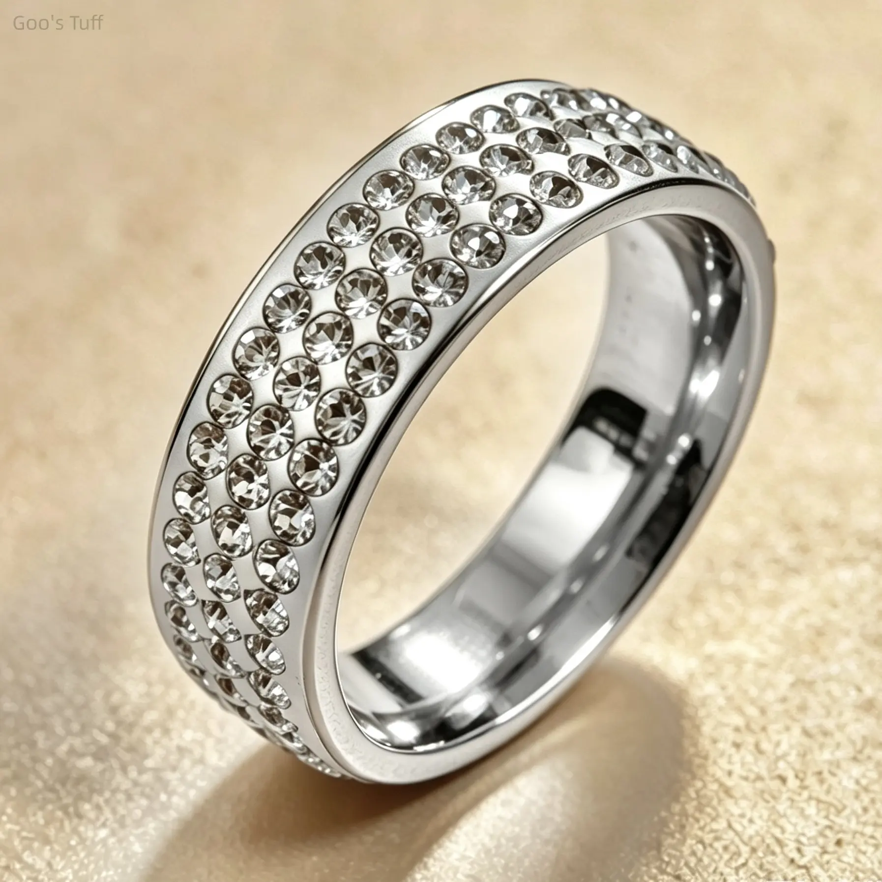 Couple Metal Rings - European-Korean Trending Costume Jewelry, 3-Row Rhinestone Curved Band, Minimalist Stackable Accessory for Daily & Date Outfits