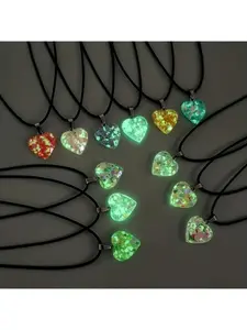 24 Pieces Glow in the Dark Resin Heart Pendant Necklace Set Heart Design Necklace Fluorescent Heart Charm with Black Leather Cord Christmas Valentine's Day Gift DIY Jewelry Making Supplies for Necklace Crafting Accessories