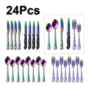 Rainbow 24-Piece Set Stainless Steel Flatware Service for 4, Dishwasher Safe Includes Knives Forks Spoons Teaspoons Fruit Forks Serrated Steak Knife Great for Hotels Home Camping Entertaining Gift