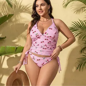 Women's Plus Size Tankini Swimsuits Cherry Print Two Piece Bathing Suits Tummy Control Retro Gingham Swimwear