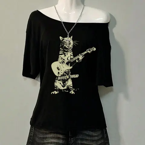 Women's Cat & Guitar Print Off Shoulder Casual Tee, Street Fashion Loose Chiffon Long Sleeve T-Shirt for Daily Holiday Vacation Wear, Ladies Clothes for All Seasons, Loose Fitting Streetwear
