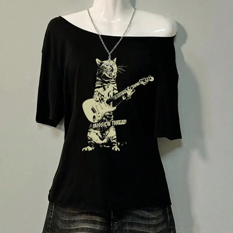 Women's Cat & Guitar Print Off Shoulder Casual Tee, Street Fashion Loose Chiffon Long Sleeve T-Shirt for Daily Holiday Vacation Wear, Ladies Clothes for All Seasons, Loose Fitting Streetwear