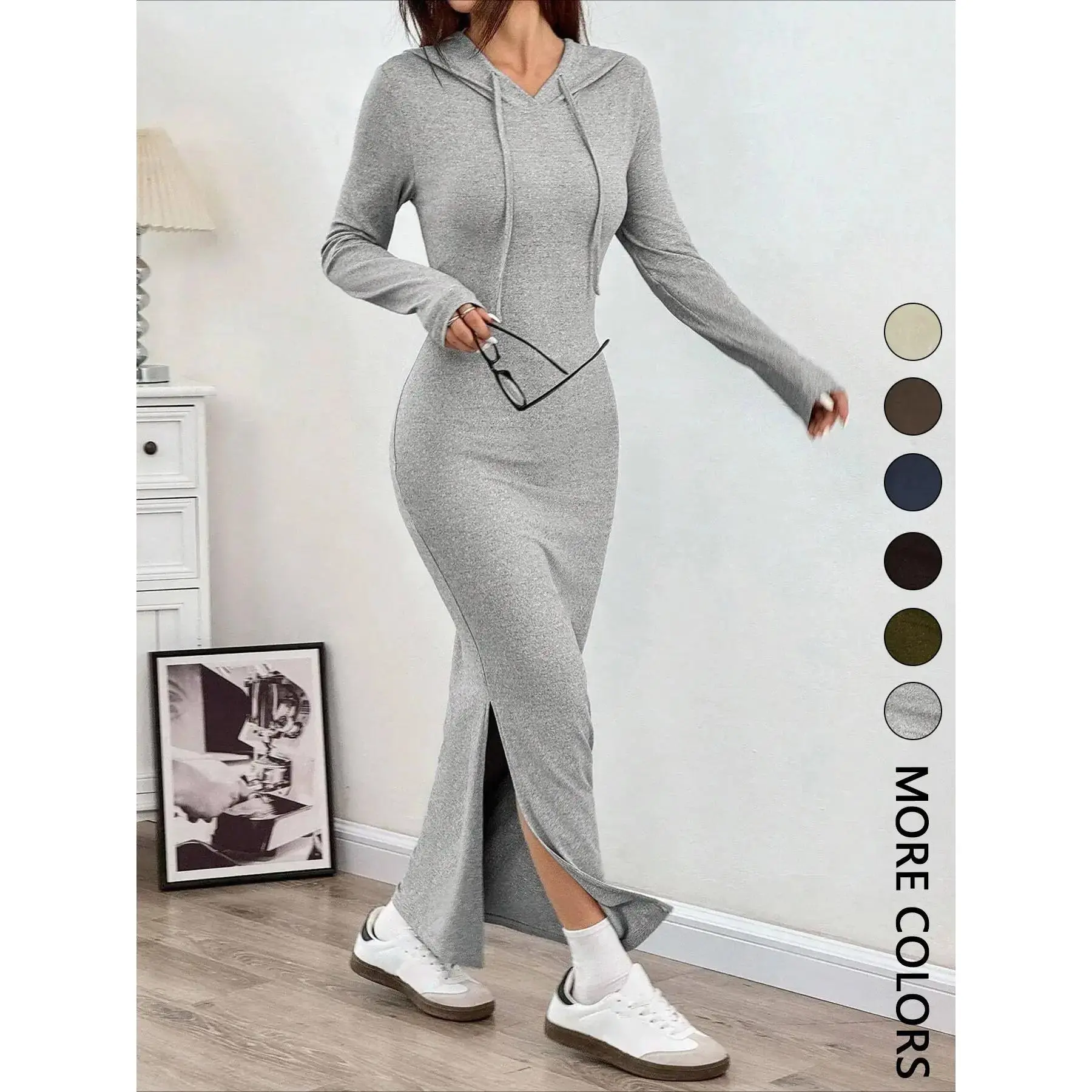 Women's Hooded Slim-Fit Long-Sleeve Bodycon Knitted Dress with Adjustable Drawstring - Casual Fall Winter Basic Grey Daily Wear Ladies' Womenswear Dress