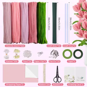 500PCS Pipe Cleaners Craft, Pipe Cleaner Bulk Flower Kit, Chenille Stems Flower Making Kit with Floral Wires, Gardening Tape, Stamen, Floral Wrapping Paper & Ribbon for Art and Craft Supplies - Home Improvement.