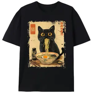 Vintage Kawaii Cat Ramen Graphic T-Shirt - 100% Cotton Crew Neck, Women's Short Sleeve Knit Top - Heat-Transferred Casual Athletic Shirt, Regular Fit, All-Season - Made in USA