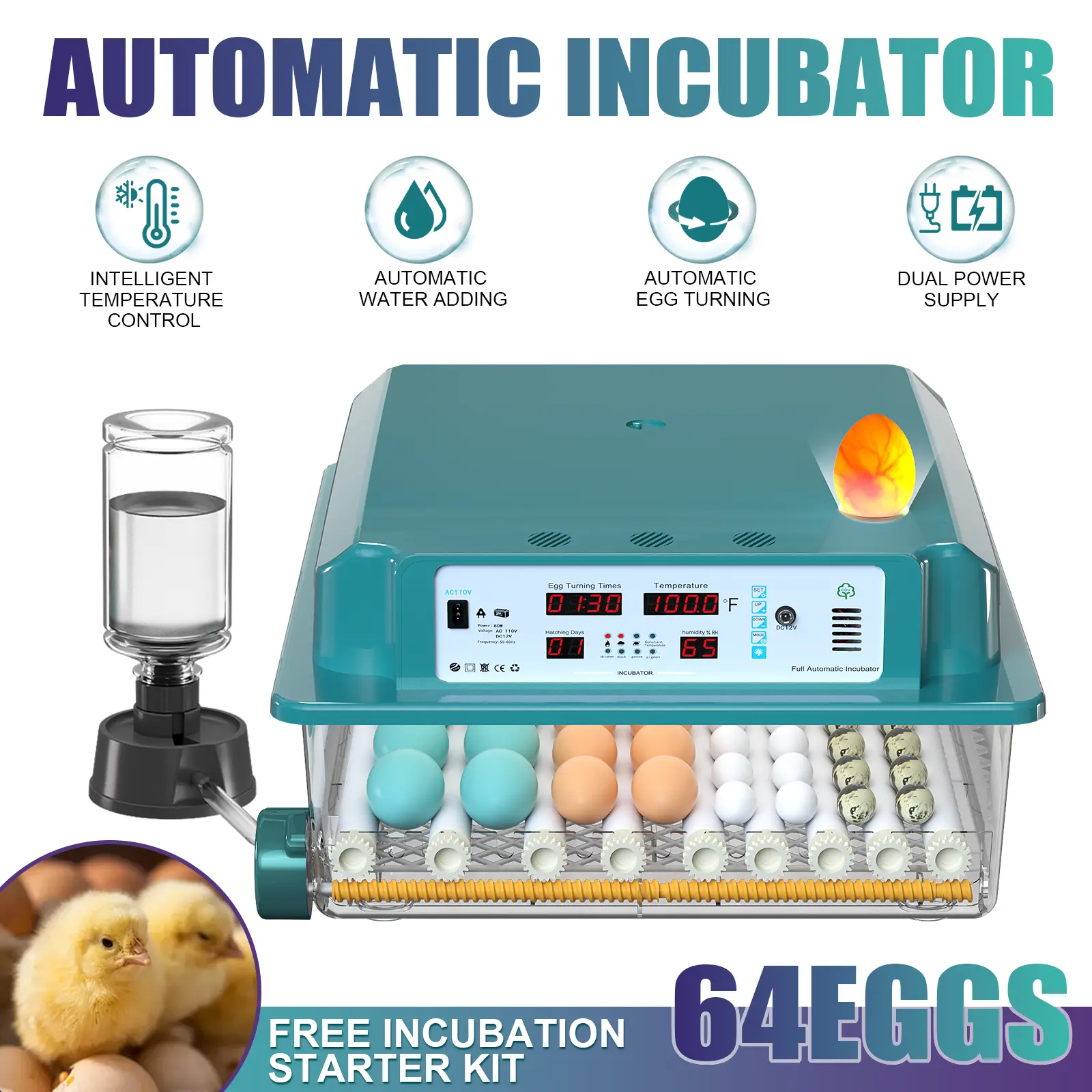 Fully Auto 64-Egg Incubator | Smart Temp Control & Auto Turner for Chickens Ducks Quails | High-Efficiency Poultry Hatcher