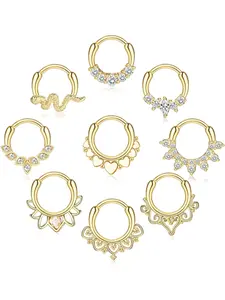 9Pcs Septum Jewelry Septum Piercing 16G Daith Earrings Hinged Hoop Nose Rings Nose Piercing Accessory 316L Stainless Steel Septum Clicker CZ Rings for Women Cartilage Helix Tragus Rook Hoop Daith Earrings 8MM/10MM