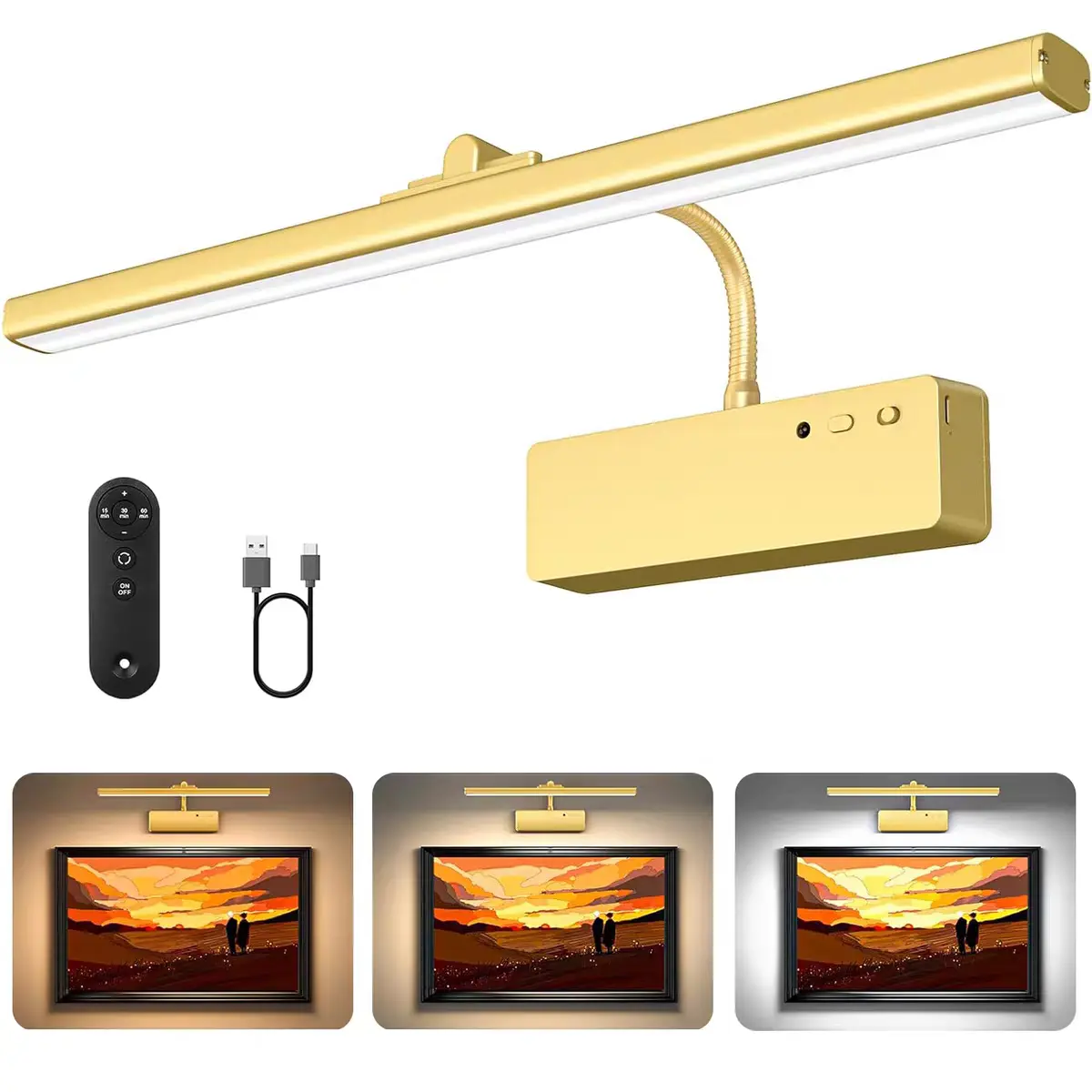 Dimmable Cordless Picture Light with Controller and Timer,Rechargeable 5400mAh Battery Wall Sconce for WallPictures, Gallery Artwork, Paintings, Portraits, Dartboards(Gold) wireless remote Art Display LED set lamparas de pared frame display light mode