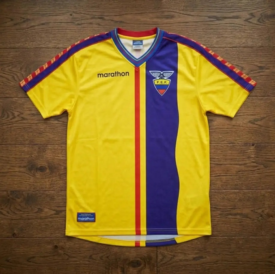 Ecuador Yellow Soccer Jersey Shirt, Short Sleeve Athletic Top with Blue Red Stripe Design for Men