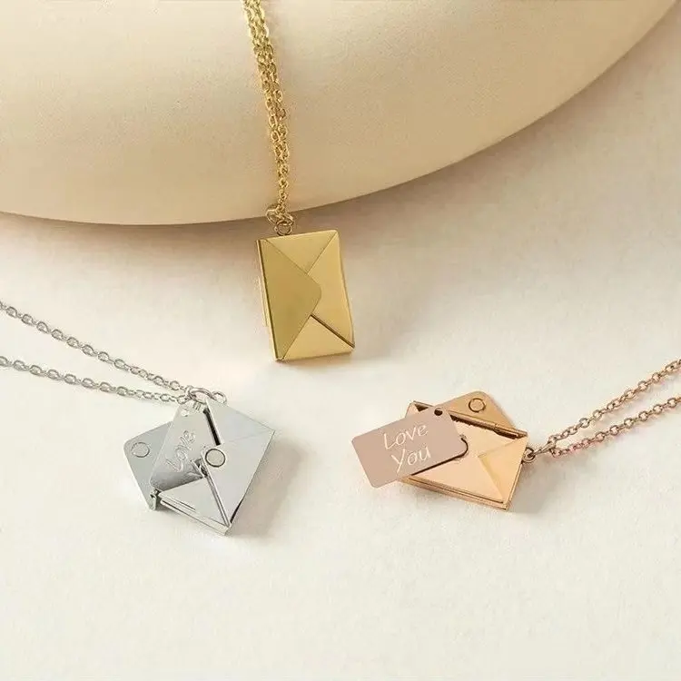Titanium Steel Envelope Pendant Necklace, Fashion Creative Design with Lettering, Couple Jewelry Gift, Love Heart Internet Celebrity Necklace, Love Heart Necklace