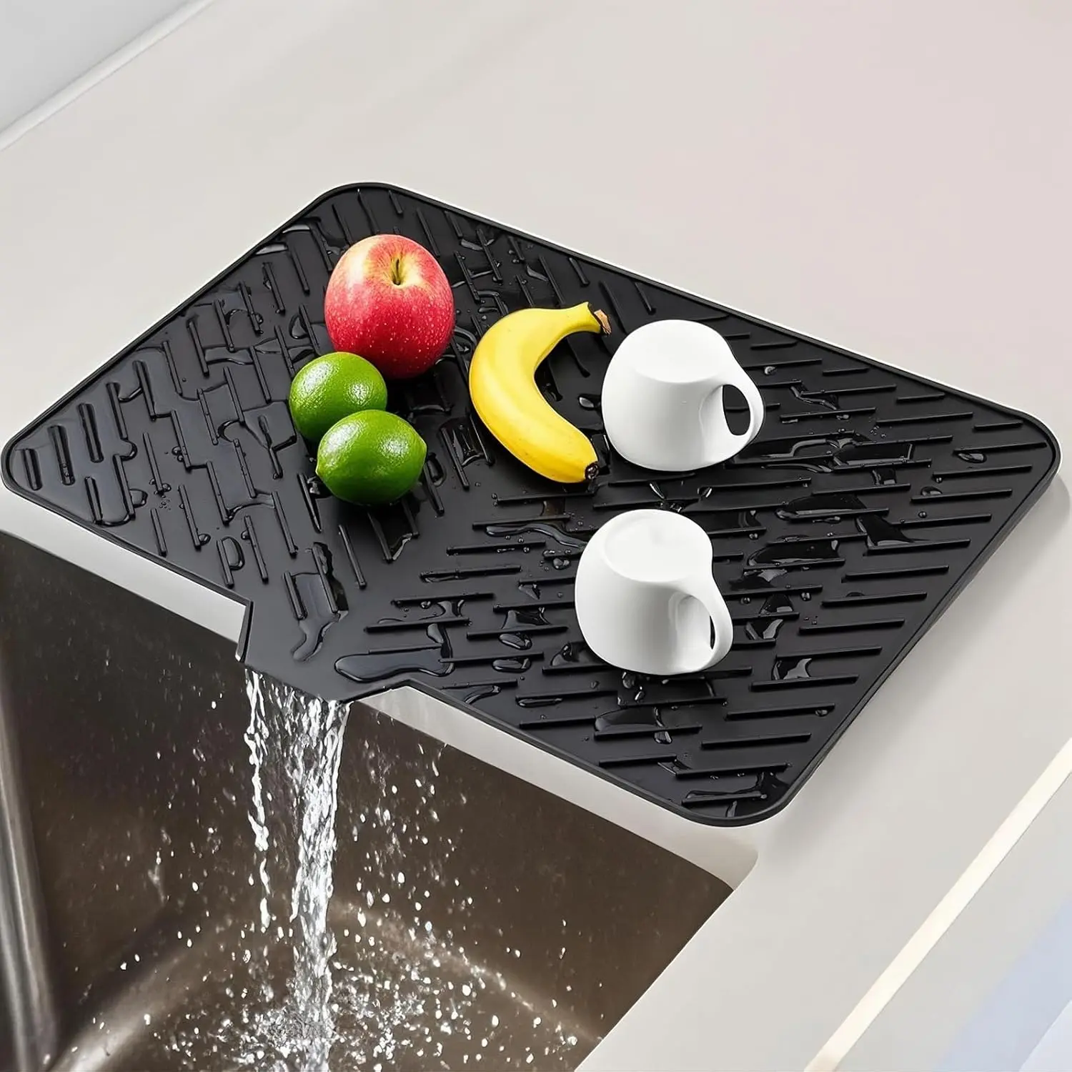 Silicone Dish Drying Mat for Kitchen Counter, Heat Resistant Draining Mat with Water Guide Edge, Non Slip Sink Drainer Pad for Plates Cups Fruits