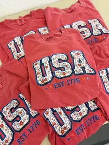PREORDER: USA Faux Floral Patch Graphic Tee, Crimson