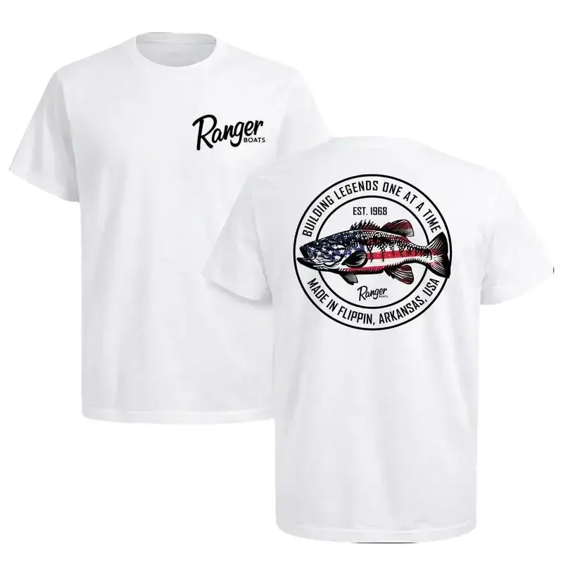 Ranger Boats Made in USA Fishing T-Shirt – Building Legends One At A Time Graphic Tee Featuring Patriotic American Flag Bass Design, Retro Angler Apparel Novelty Gift for Bass Boat Workers, Menswear Medium Men's