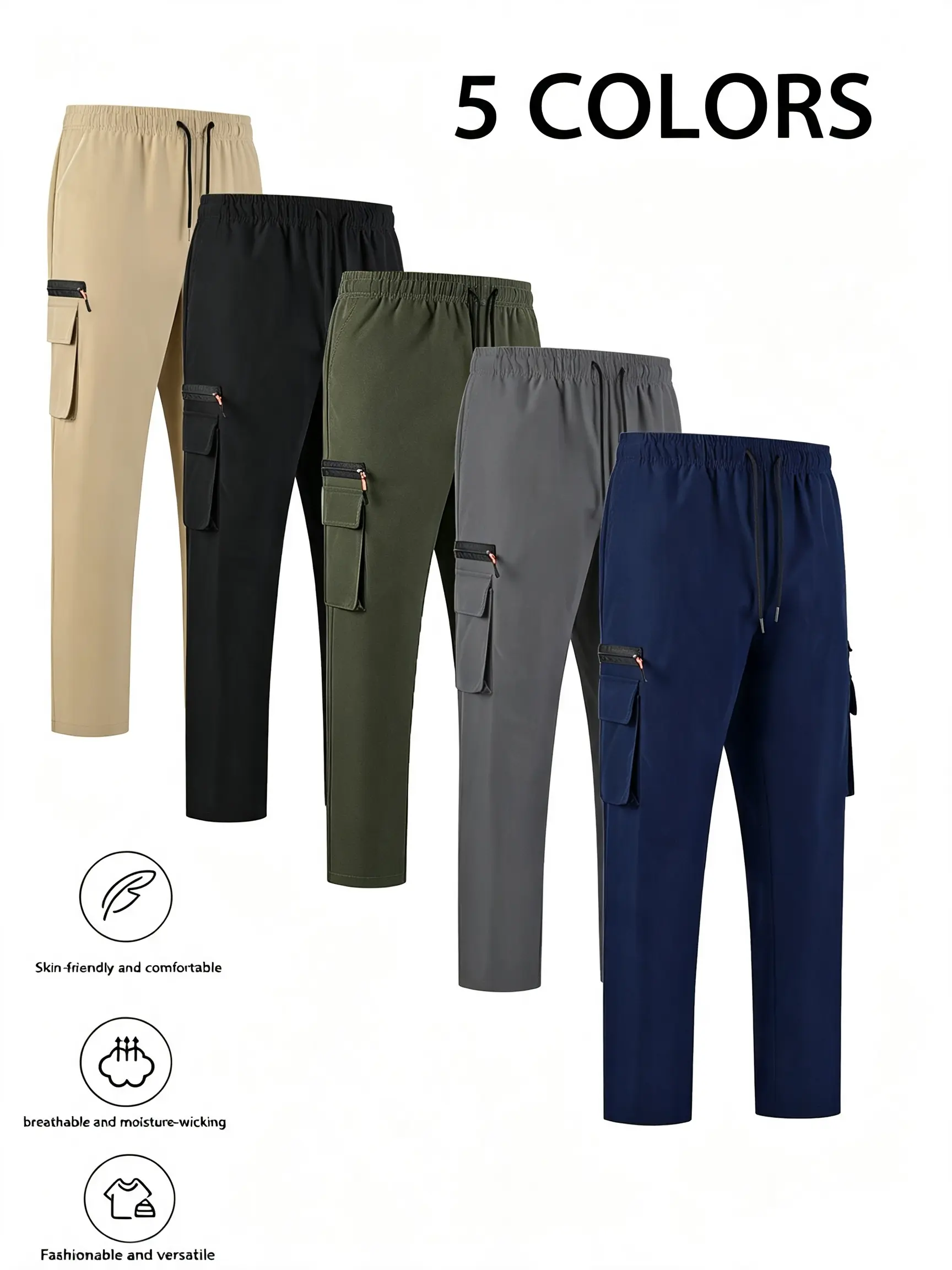 Men’s straight-leg cargo pants with an elastic drawstring waist and multiple pockets; lightweight, breathable outdoor casual straight-leg pants; solid-color multi-pocket cargo straight-leg pants for men; drawstring elastic waistband; moisture-wicking and