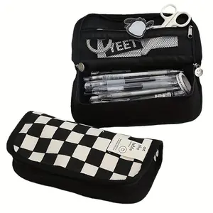 Large Capacity Pencil Case, Checkerboard Grid Design, Canvas Material, Multi-Functional School Supplies Organizer, Pencil Bag