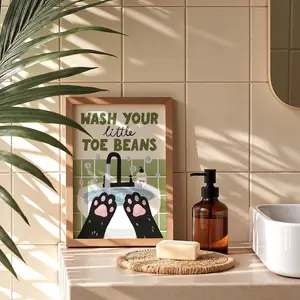 Wash Your Little Toe Beans Print, Cute Cat Bathroom Decor, Cat Lover Gift, Funny Pet Wall Art, Aesthetic Bathroom Poster, Un Artistic Cotton Artwork Matte Minimalist Ornaments Decoration Photo wall decor posters