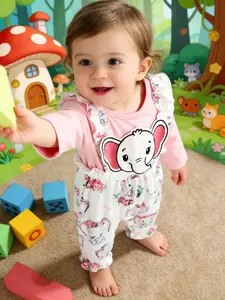Baby Girl Cartoon Elephant Two-Piece Jumpsuit with Diaper Cover, Cute Toddler & Matching Hairband, Soft Fabric for Spring/autumn, Baby Girl Clothes