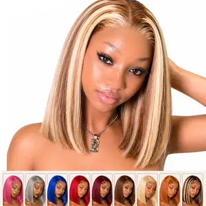 AMZ Short Bob Straight 13x4 HD Transparent Lace Pink & P4/27 & Grey & 613 & 99J & RED & 350 & Blue 100% Human Hair Wig Fashion Look Colored Wig Summer Style For Women Glueless Hd Wigs Glueless Frontal Wig