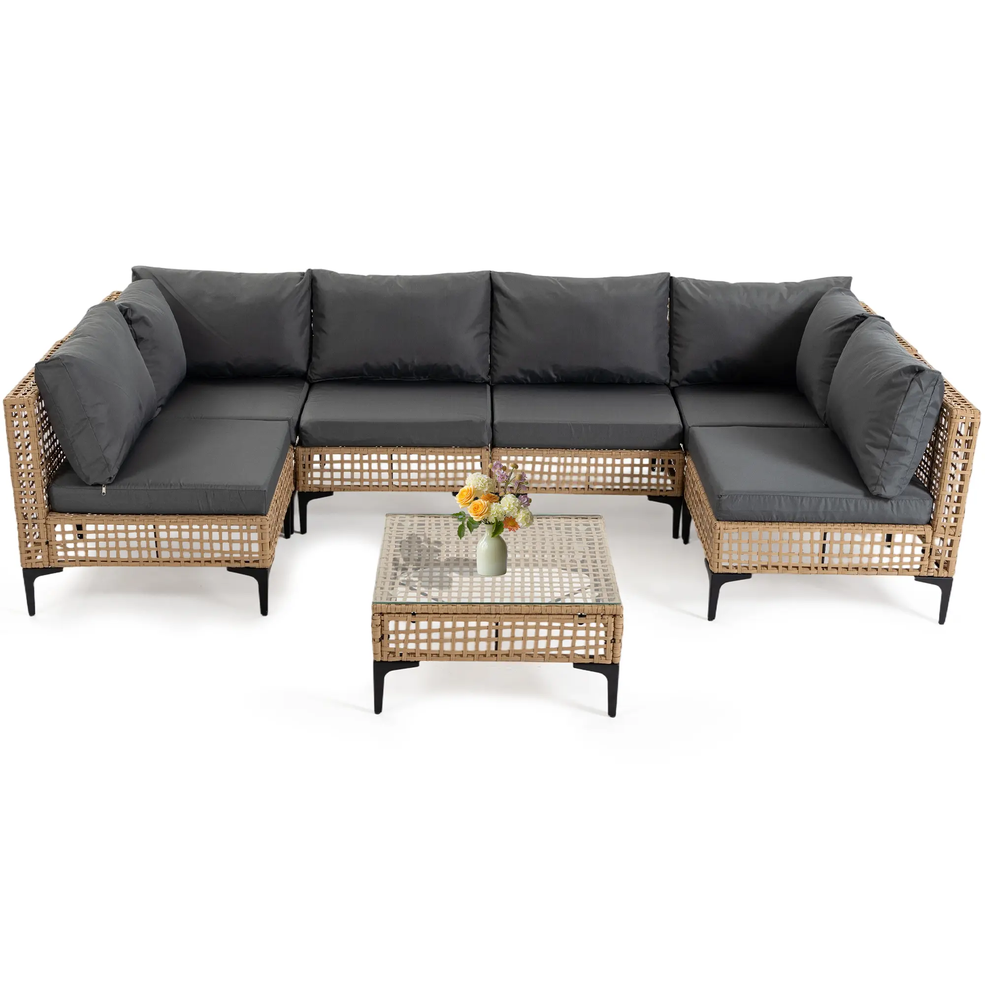 Jonpony 7-Piece Bohemian Wicker Outdoor Modular Furniture Set with Multiple Seats, Sectional Couch, Armless Chairs, Water-Resistant Thick Cushions and Coffee Table