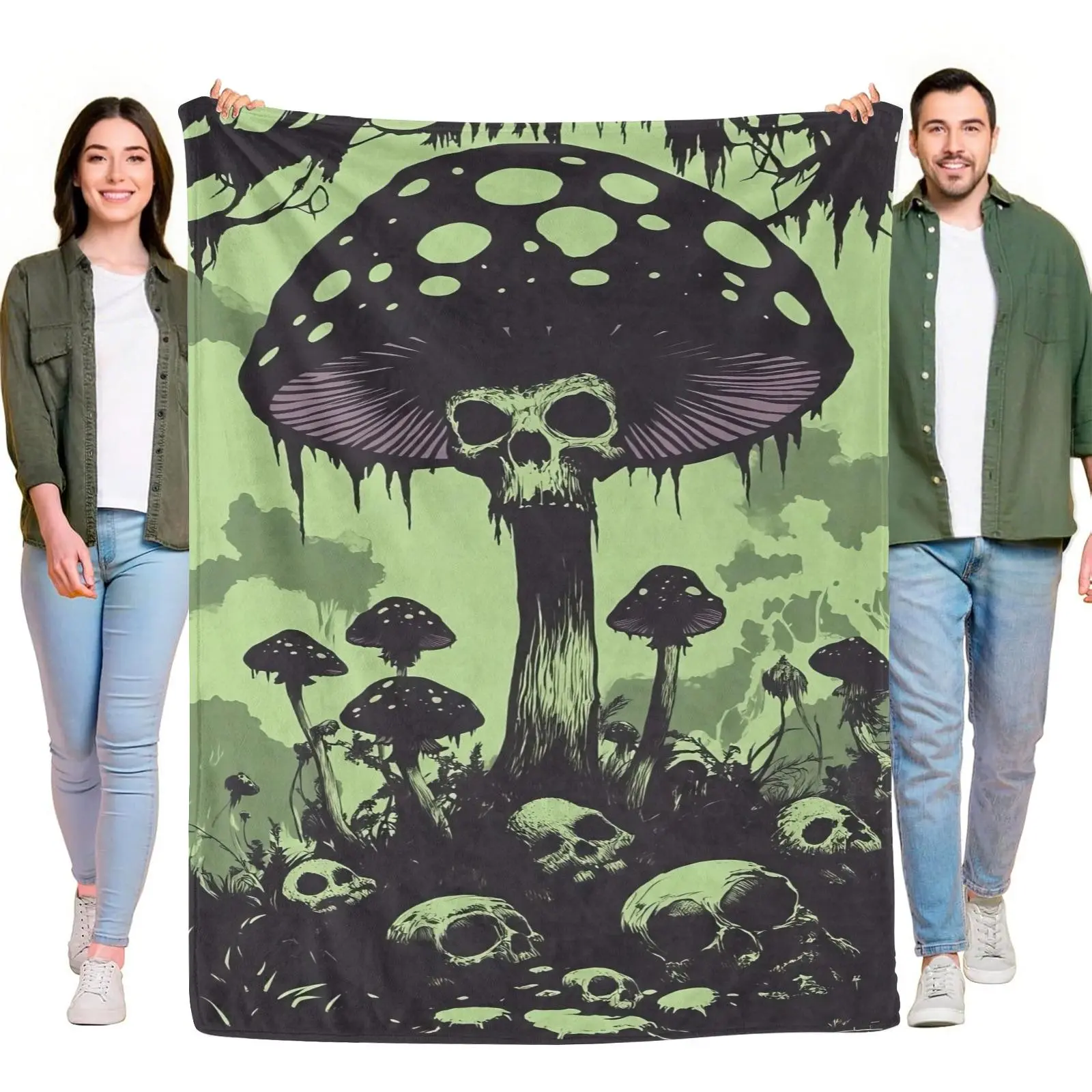 Flannel Blanket goth skull mushroom dark print soft fuzzy warm blanket teen adult all season sleep blanket
