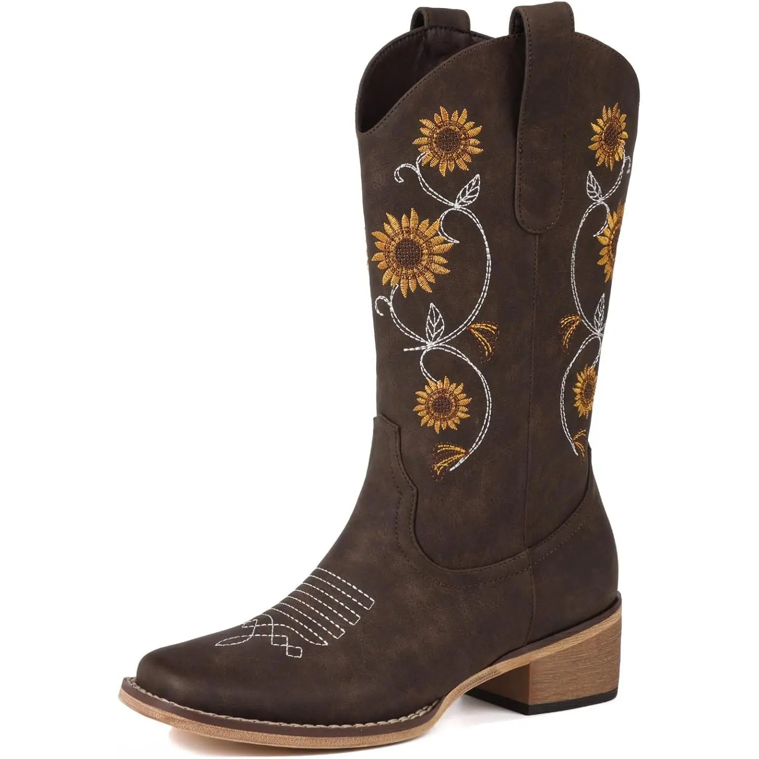 Cowboy Boots for Women - Mid Calf Western Sunflower Cowgirl Boots with Floral Embroidery, Square Toe Stitched Pull On Retro Design, Perfect for Country Idyll, Concerts and More
