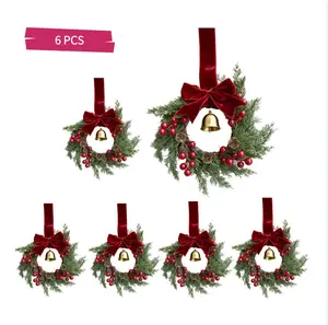 Small Christmas Norfolk Wreaths Evergreen 10.23 inch Christmas Kitchen Cabinet Mini Wreaths Real Touch with Bow and Burgundy Ribbon for Xmas Front Door Window Home Table Pillar Decor