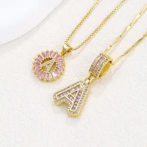 Unisex Pink Cubic Zirconia Initial Letter Pendant Necklace - Customized Engraved Initial Charm Letter Logo Jewelry, Elegant Fashion Accessory for Party, Daily Wear, Letter Logo Necklaces, Customized Necklaces