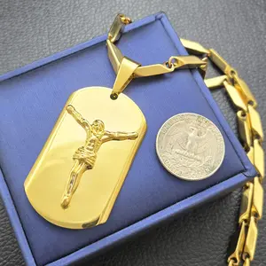 Men's Stainless Steel Crucifixion of Jesus Dog Tag Religious Pendant & 4mm 30" Bullet Chain Necklace Jewelry