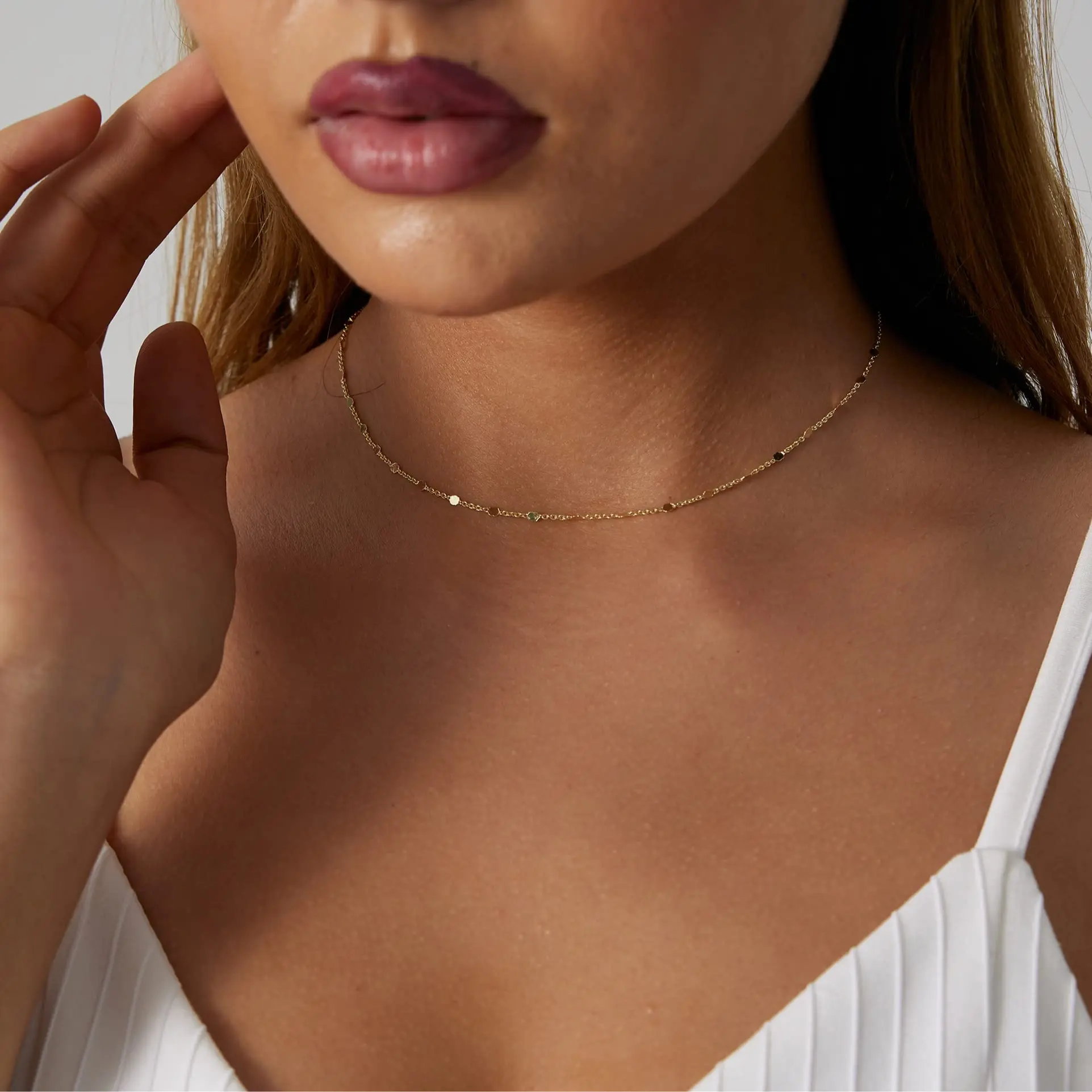 Star Satellite Exquisite Necklace 14K Gold Plated Hypoallergenic Dainty Choker with Beads Chain Link Pattern for Women