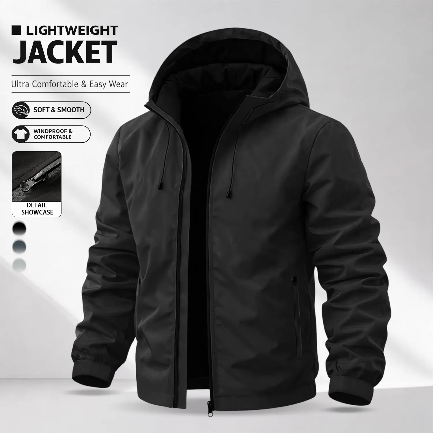 Men’s solid-color casual jacket made from lightweight, windproof fabric featuring side zip pockets and a drawstring hood. Workwear-inspired design for everyday wear—perfect for going out, casual outings, and commuting. An ideal choice for gifting.