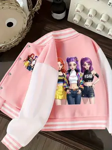 Girls' Short  Baseball Jacket | 4-14Y | Bright Blue & White Color Block | Girl Group Print | Spring/Fall | Outdoor Warm | Casual Comfortable Multiwear Coats