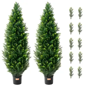 VEVOR 2-Piece 48in Artificial Cedar Topiary Tree Pack, Faux Evergreen Pine Cypress Trees with Extra Leaves & Pot, UV-Rated Greenery for Home Indoor/Outdoor Decor