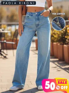Women's Denim Light Wash Wide Leg Pants, Casual Fitted Drop Waist Design, Pocket, Plain Pattern, All Seasons Wear, Comfortable & Stylish, Casual Fashion Denim Trousers