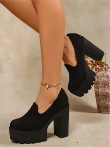 Spring and summer new leopard print suede thick heel waterproof platform high heels women's deep mouth round toe single shoes retro spicy style banquet women's shoes Fashion