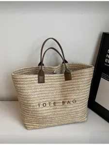 New Fashion Large Capacity Letter Decor Woven Straw Handbag Multi-functional Commuter Casual Vacation Beach Travel Office Tote Bag