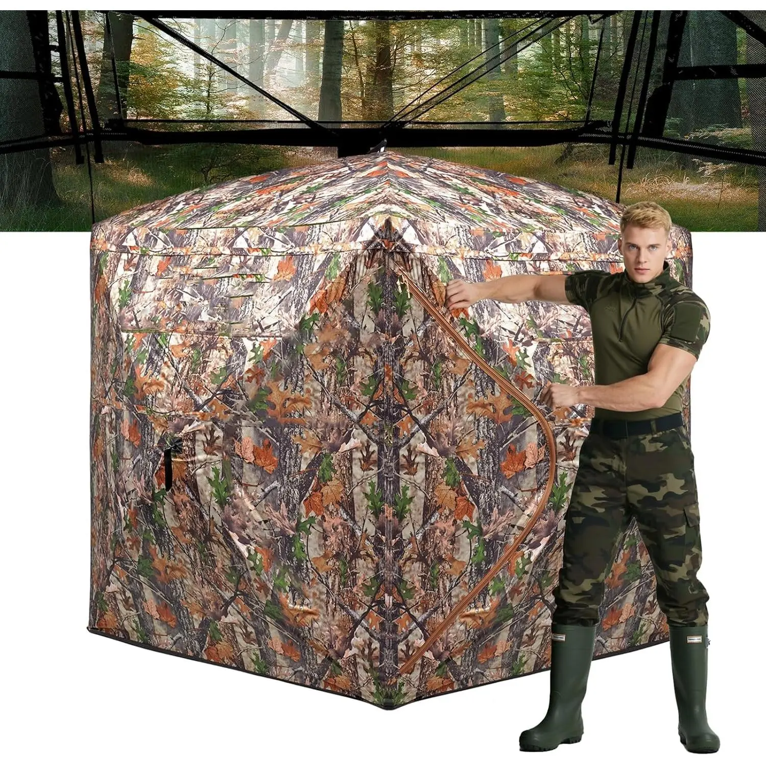 Unisex Hunting Blind - 270/360 Degree See Through, 2/3 Person Soft Material Pop-Up Tent with Unique Camouflage Pattern, Adjustable Foldable Lightweight Concealed Shelter with Carrying Bag, Portable, 270°See Through