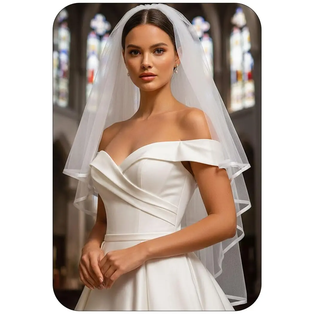 The Wedding Veil, 2-Tier Ivory Short Bridal Veil with Metal Comb, Satin Trimmed Soft Illusion Tulle, Fingertip Length Ribbon Edge for Brides