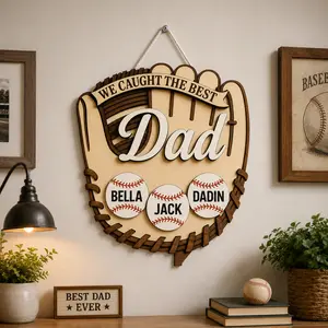 Custom We Caught The Best Dad Wooden Sign, Wooden Baseball Glove, Custom Baseball Gift, Kids Name Throwing Ball, Dad Gift, Father's Day Gift idea, Gift for Dad