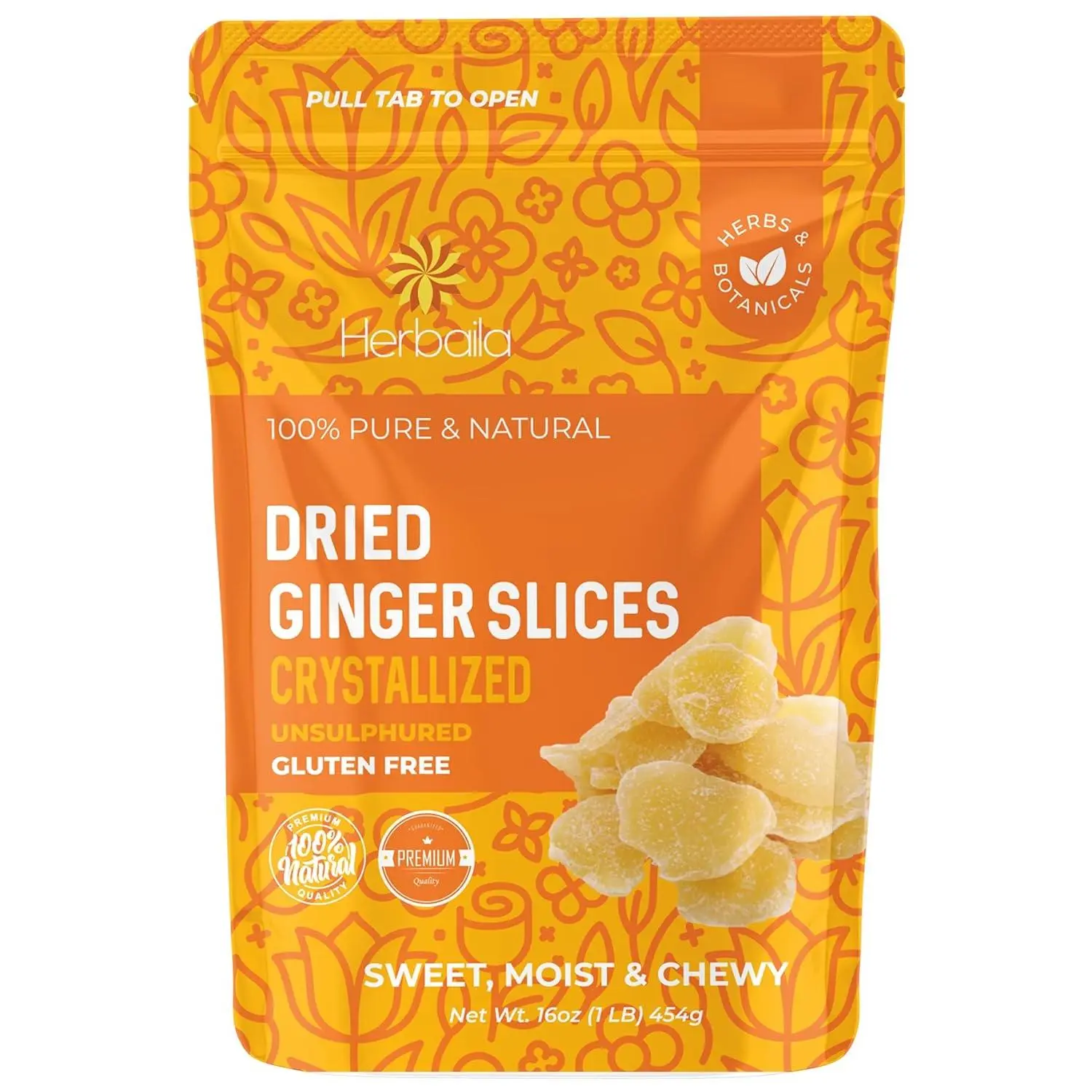 Herbaila Dried Crystallized Ginger Slices 16 oz. Unsulphured Dried Ginger Candy, Crystalized Ginger Pieces. All Natural, Non-GMO