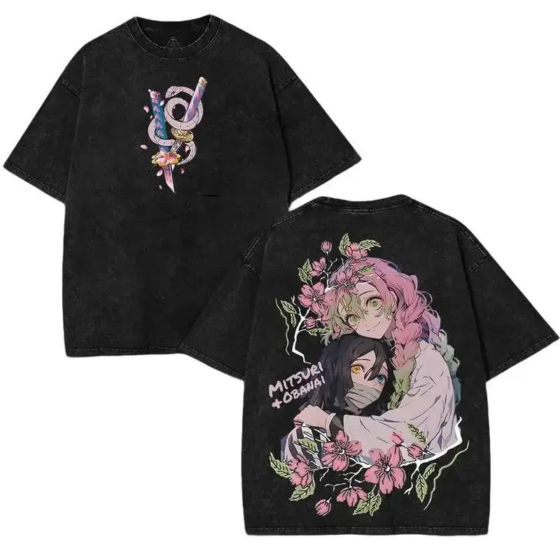 Men's Casual Fit Retro Demon Slayer Kimetsu No Yaiba Obanai x Mitsuri Love Hashira Graphic Short-Sleeve T-Shirt, Premium Vintage Washed Cotton Round Neck Seamless Double-Print Streetwear Top, Cold Wash Anime Fan Gift Unisex Apparel