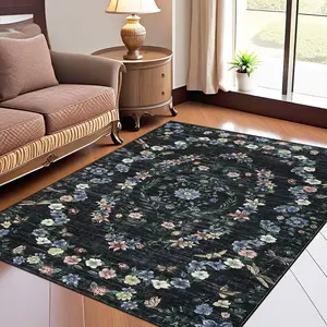 GARVEE Washable 9x12 Area Rug with Modern Floral Print, Stain Resistant, Non-Slip Backing, Non-Shedding, Foldable Carpet for Bedroom, Nursery, Apartment, Indoor Use, Black