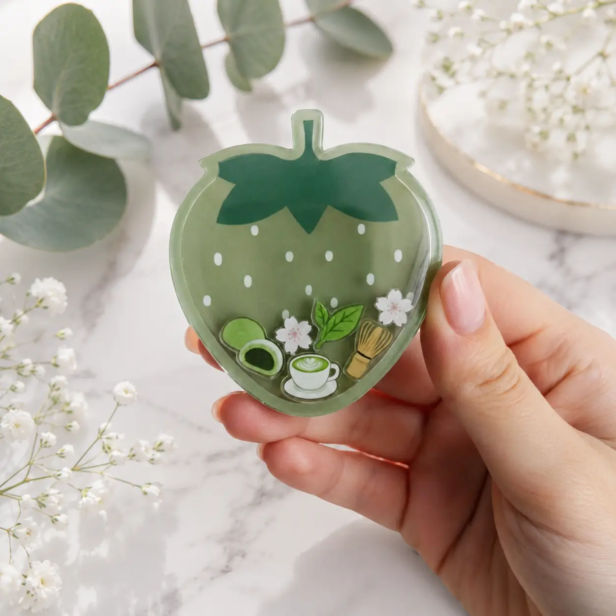 Cute Matcha Strawberry Shaker Phone Grip, Kawaii Green Tea Aesthetic Griptok, Green Strawberry Phone Holder & Stand, Lovely Foodie Gift for Girls
