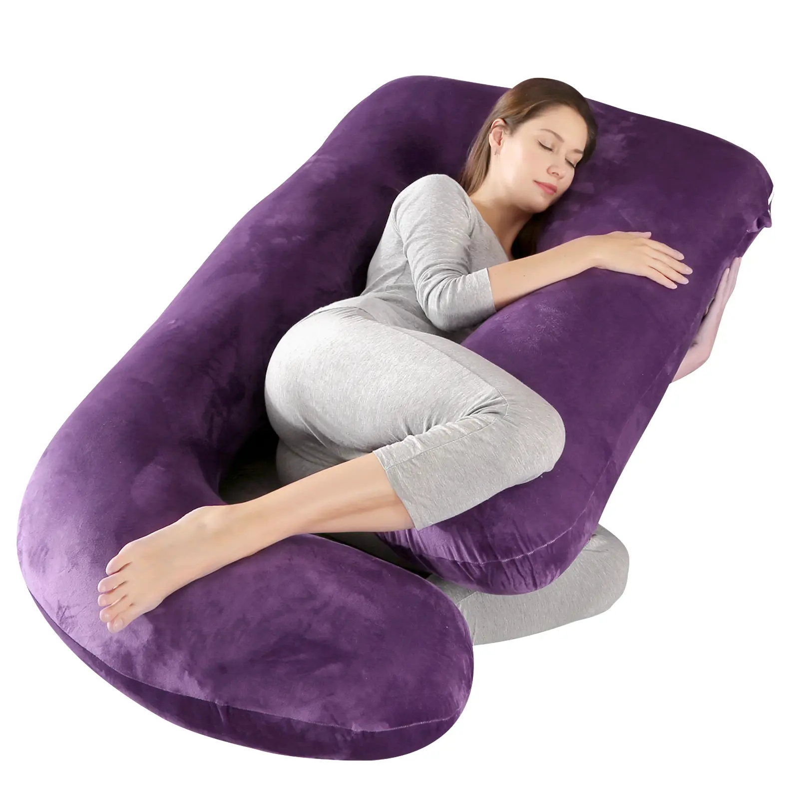 41/60 Inch J-Shaped Pregnancy Pillow for Side Sleeping Full Body Support for Back Belly Hips & Legs Removable Washable Cover Soft Velvet Material