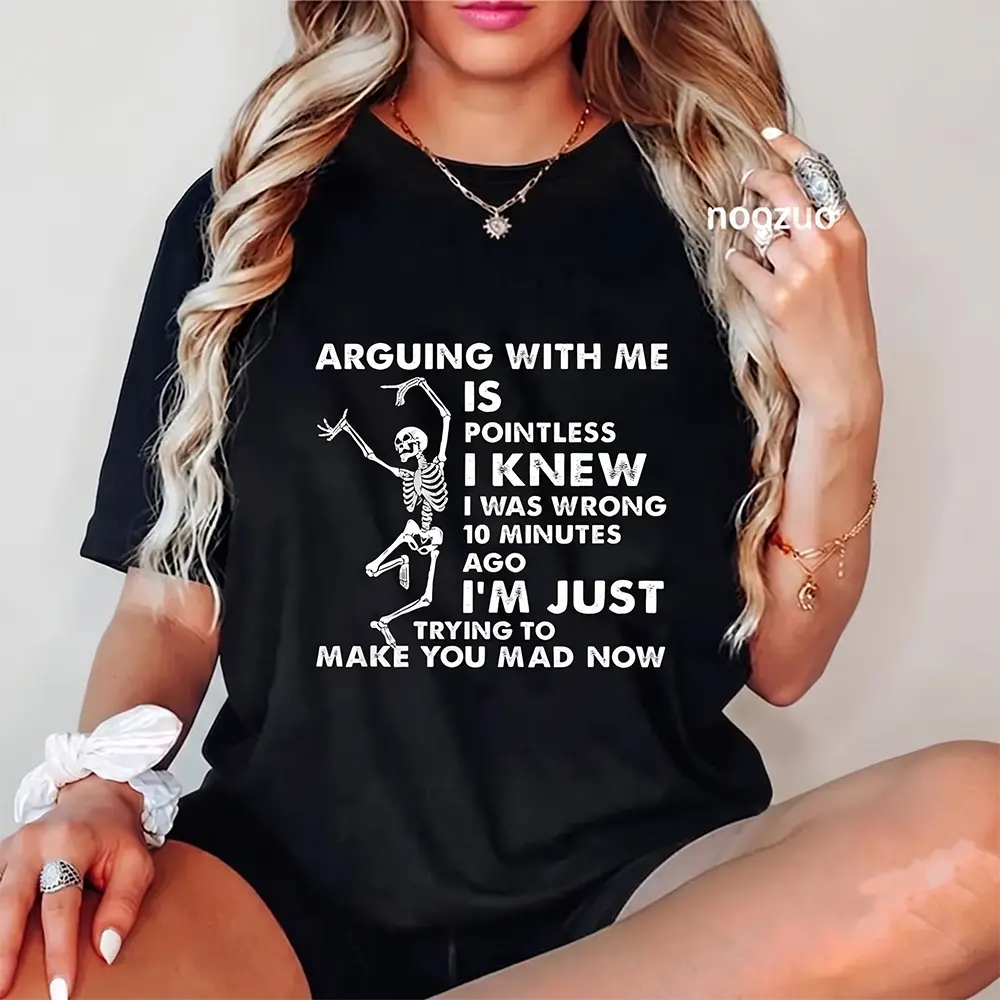 Men's 100% Cotton Shortsleeve Round Neck Graphic Art Tshirt, Unisex Streetwear All-Seasons Casual Top with "Arguing With Me Is Pointless I Knew I Was Wrong" Skull Print
