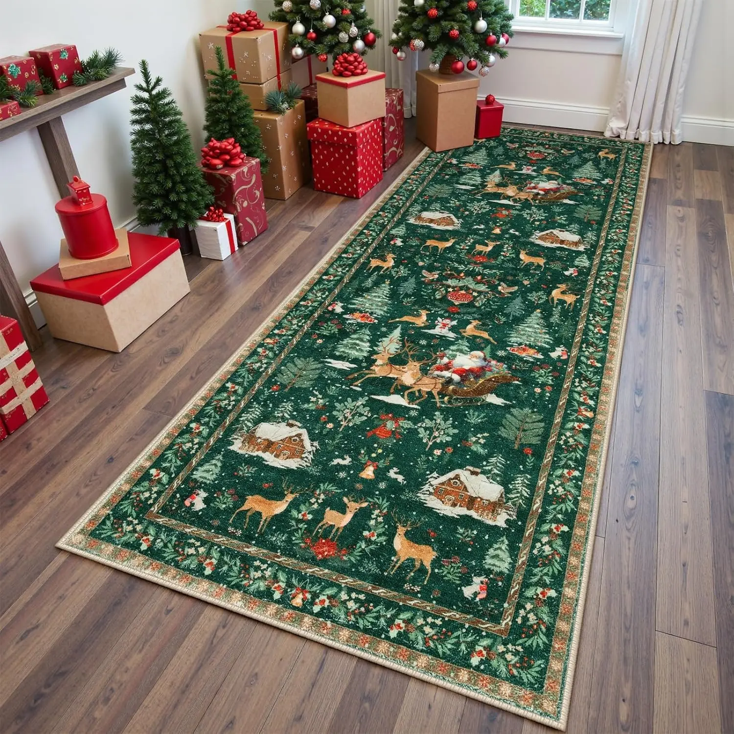 Christmas Long Strip Carpet, Non-Slip Washable Entryway Rug, Tree Santa Design, Ideal for Kitchen, Hallway, Living Room, Bedroom