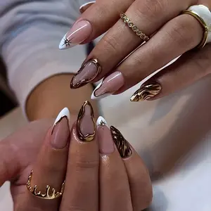 SHEDARES 24K Elegance – Handmade Nude & White Almond Press-On Nails with Gold Chrome Outlines and Star Accents – Perfect for Parties, Weddings & Luxe Events