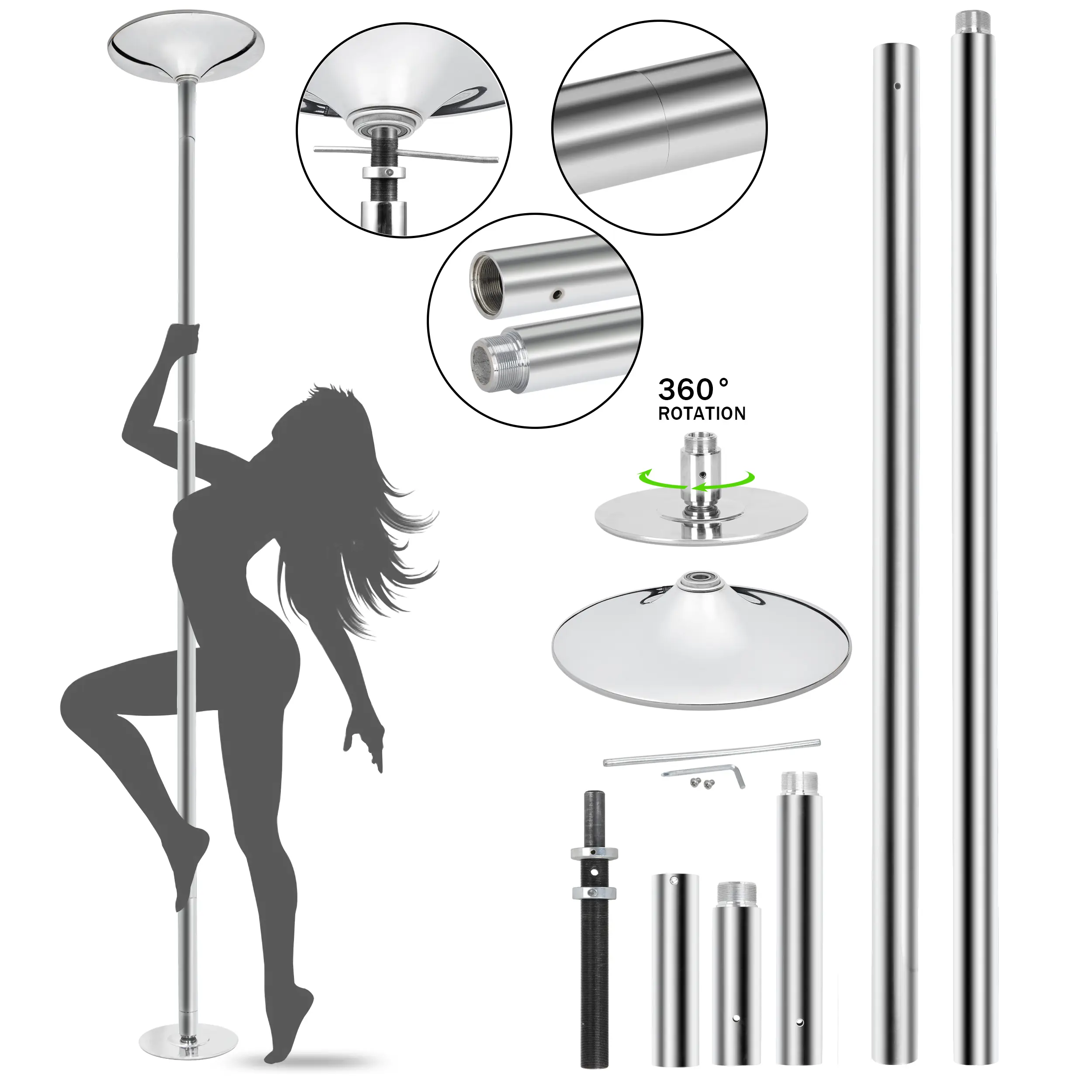 Segawe 45mm Dancing Pole Kit, Chrome Steel Professional Gymnastics Bar with Chrome Finish, Spinning & Static Modes, 7.3'-9' Height Range for At Home Gym Equipment, Ceiling Mount, Iron, Studio, Static/Spin, Unisex